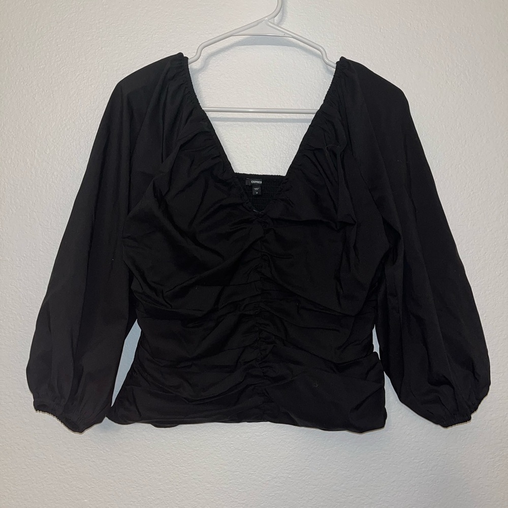Express Black Ruched V-Neck Blouse